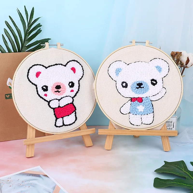 2 pcs Набор для вышивания с изображением медведя из мультфильма, набор для начинающих с кольцом, вышивка крестиком, рукоделие, шерсть, комплект для шитья, подарок ручной работы - Цвет: 2 pcs