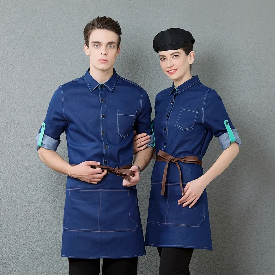 Women Men Restaurant Chef Clothes Waiter Waitress Denim Adjustable Long Sleeve Shirt Catering Food Service Workwear Uniform Coat
