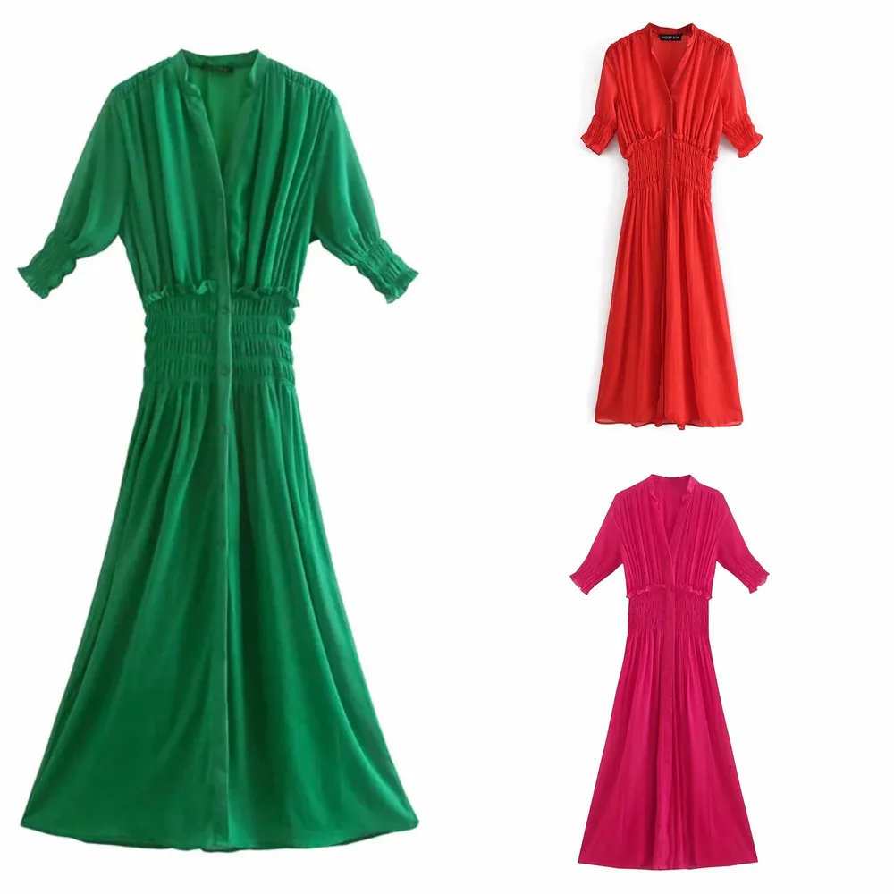 

Женское длинное шифоновое платье с поясом на резинке и коротким рукавом