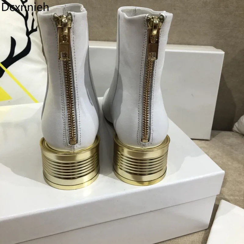 

New Metal chunky high heel short boots women genuine leather ankle boots Runway design autumn winter shoes botas for girls Mujer