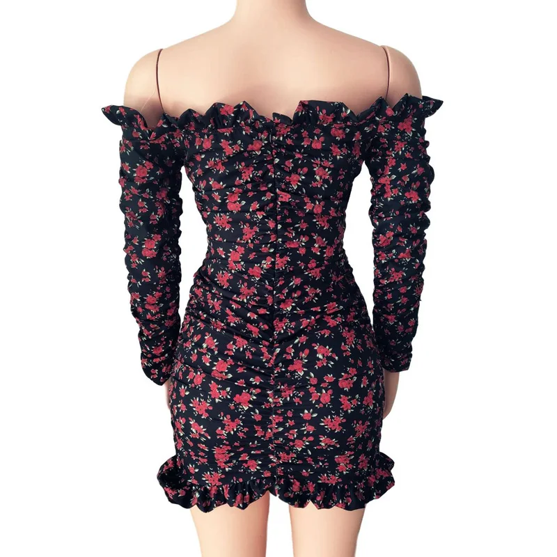 

Women Autumn Dress 2020 Lace Up Strapless Off The Shoulder Sexy Dress long Sleeve Floral Print Ruffles Bodycon Mini Dress