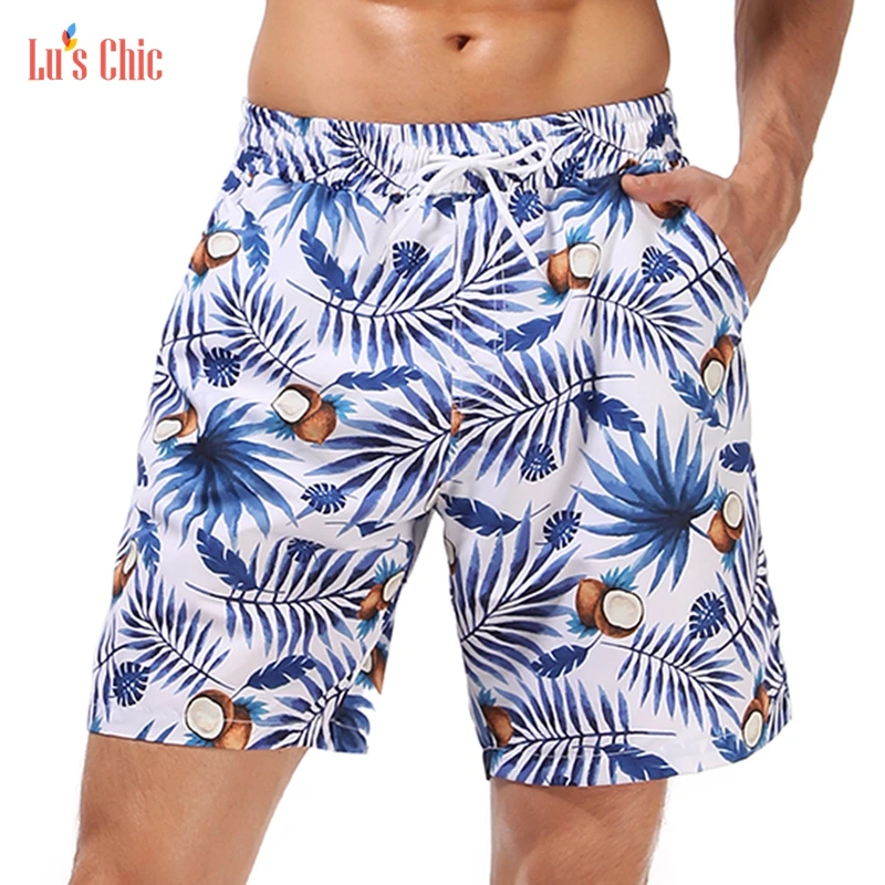 

Lu's Chic Beach Hawaiian Board Shorts Knee Length Elastic Waist Swim Trunks Pull On Men Relaxed Loose Fit Drawstring Palm Tree