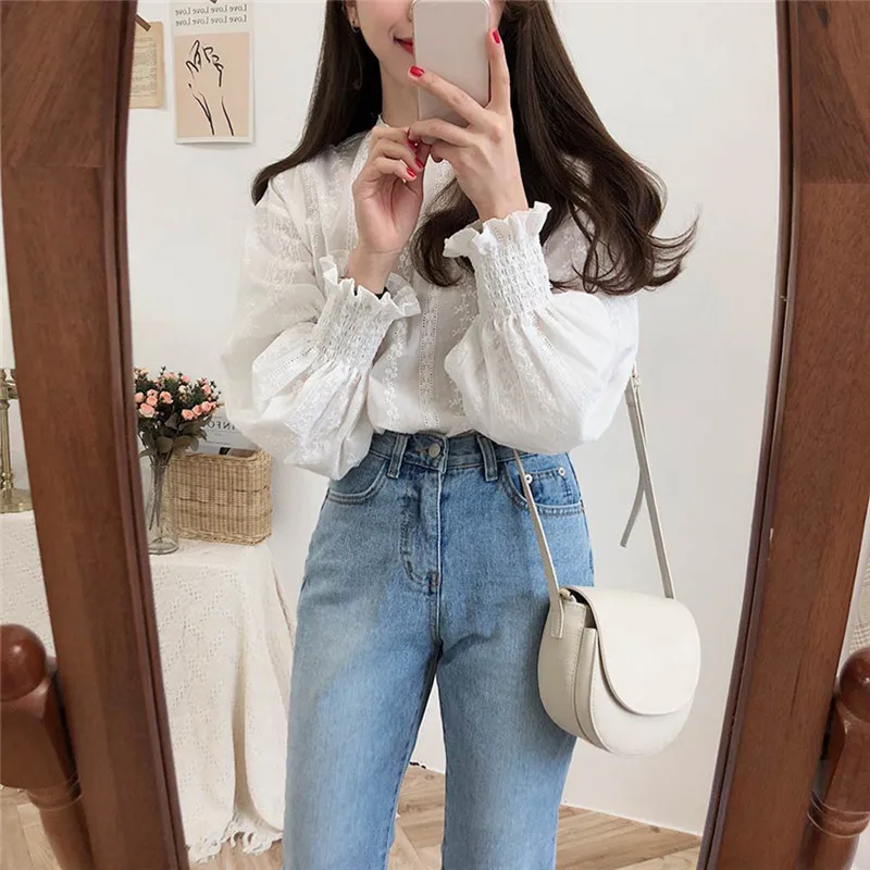 Женская блузка топ рубашки Корейская Милая Кружевная рубашка с вышивкой для