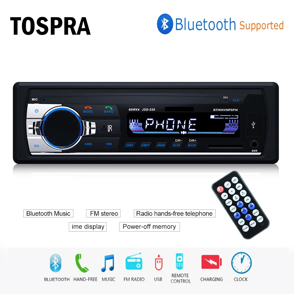 TOSPRA Car Multimedia Player Bluetooth Autoradio MP3 Stereo Radio FM Aux Input Receiver USB JSD-520 12V In-dash 1 din | Автомобили и