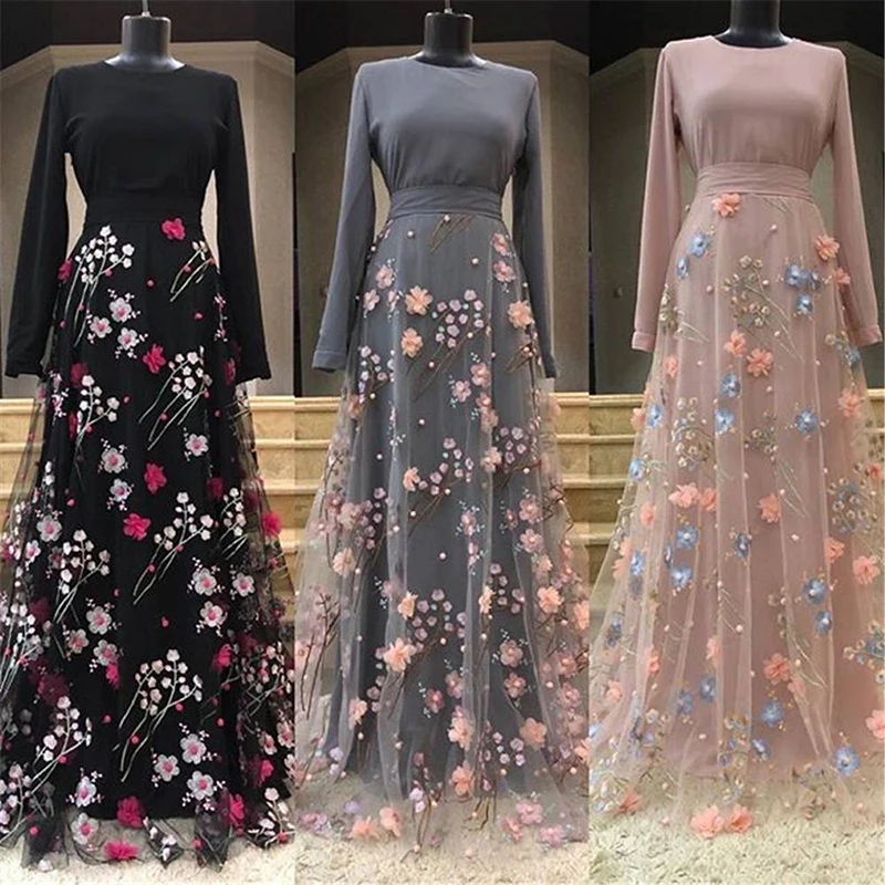 

Embroidery 3D Flower Abaya Maxi Dress Long Sleeve Lace O Neck Back Zip Hijab Muslim Women Party Gown Arabic Turkey Elegant Robe