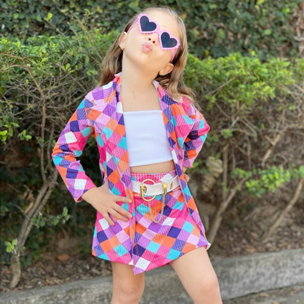 

Autumn Fall Spring Girls' Plaid Jacket Suspenders Lining Shorts Fashion Outfits Kids Cloth