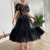 thinyfull black dots tulle prom dress with flowery embroidery tea length princess evening dress with pocket robe de soiree 2021