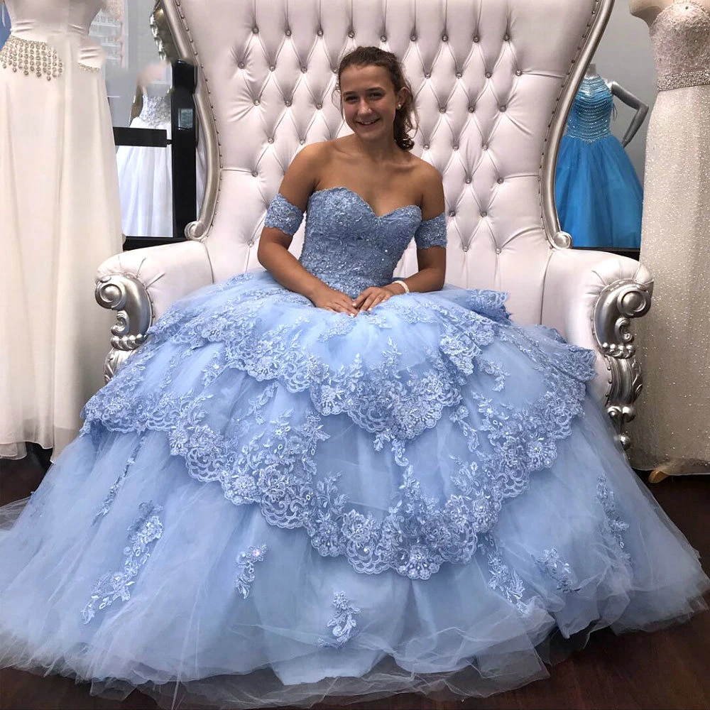 

Blue Ball Gown Quinceanera Dresses 2019 Detachable Sleeves Sweet 16 Dresses Tiered Skirt Beading Lace Edged Vestidos de 15 Puffy