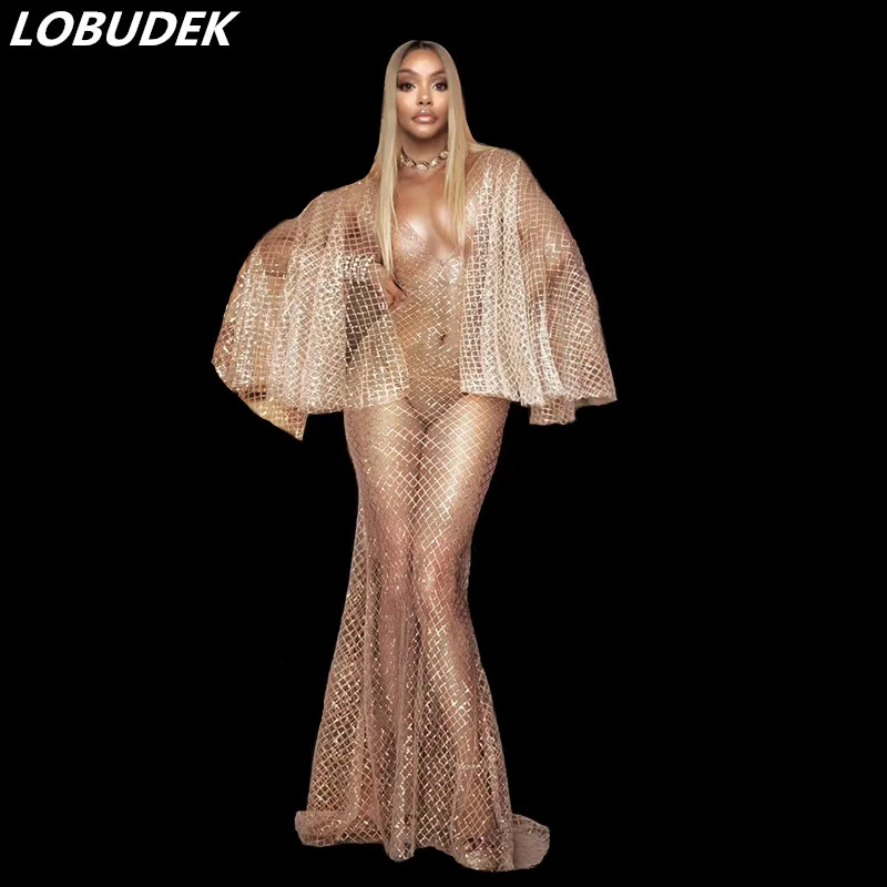 Белое Сетчатое длинное платье с блестящими блестками сексуальное стильное