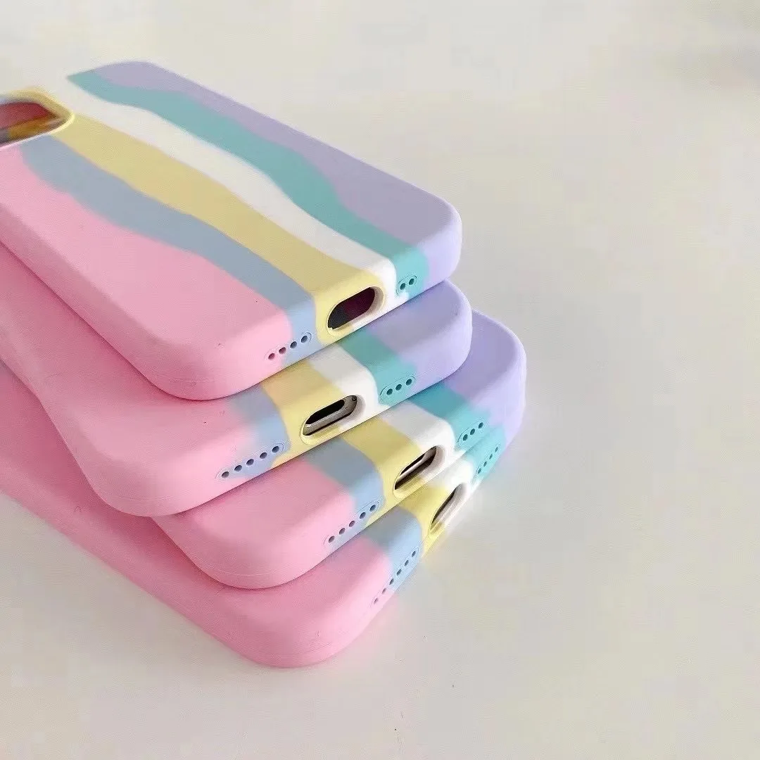 

Original Quality Rainbow Stripe Gradient Color Soft Liquid Silicone Case For iPhone 12/11 Pro Max XR XS Max 8 7 6s Plus SE Cover