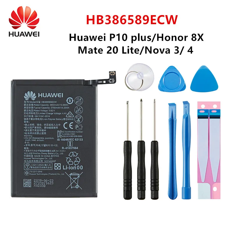 

100% Orginal HB386589ECW 3750mAh Battery For Huawei V10 P10 Plus Honor Play Honor 20S Honor 8X Play Nova 3 Mate20 +Tools