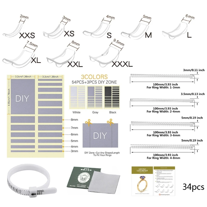 

34 Pcs/Set Silicone Invisible Clear Loose Rings Reducer Ring Sizer Guard Tightener Ring Size Adjuster Resizer Resizing Jewelry T