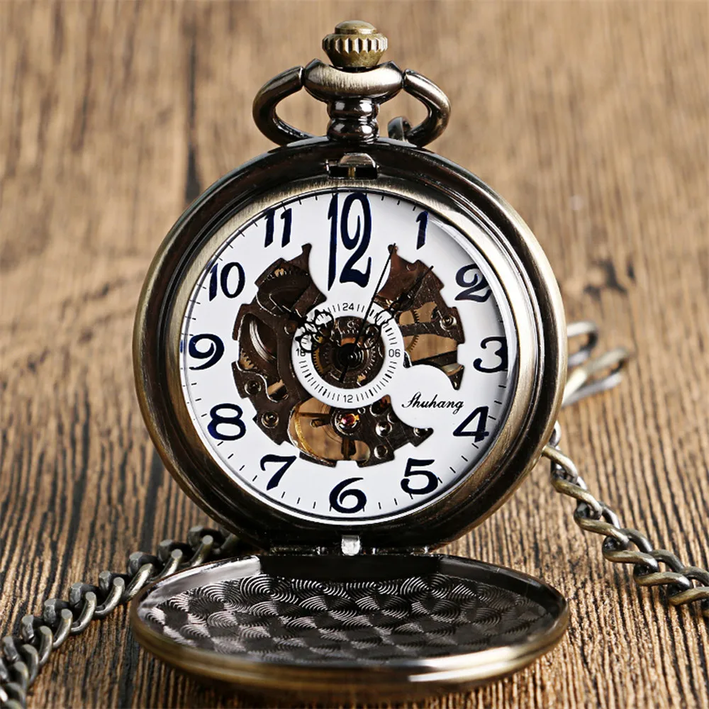 Shield Pattern Bronze Hand Winding Mechanical Pocket Watch Blue Arabic Numeral Dial Antique Pendant Timepiece with Pocket Chain