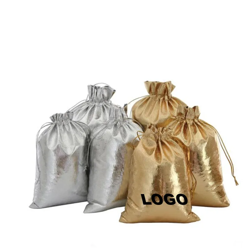 100 Customized Logo print Small Jewelry Packing Silver Gold Foil Cloth Drawstring Bag Wedding Makeup packaging Gift Bags Pouches