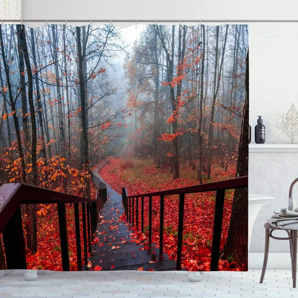 

Shower Curtain Set with Hooks 60x72 Beautiful Trees Red Autumn Mist Forest Stairway Path Road Down Nature Parks Outdoor Design