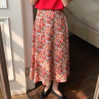 2021 women korean style elastic waist medium length floral skirts spring summer new high waist chiffon skirt female a line skirt