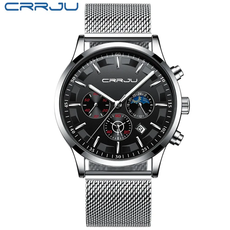M Silver Black CRRJU мужские часы Топ бренд Роскошные Модные Бизнес Кварцевые часы мужские спортивные полностью стальные водонепроницаемые черные часы Relogio Masculino - Цвет: M Silver Black
