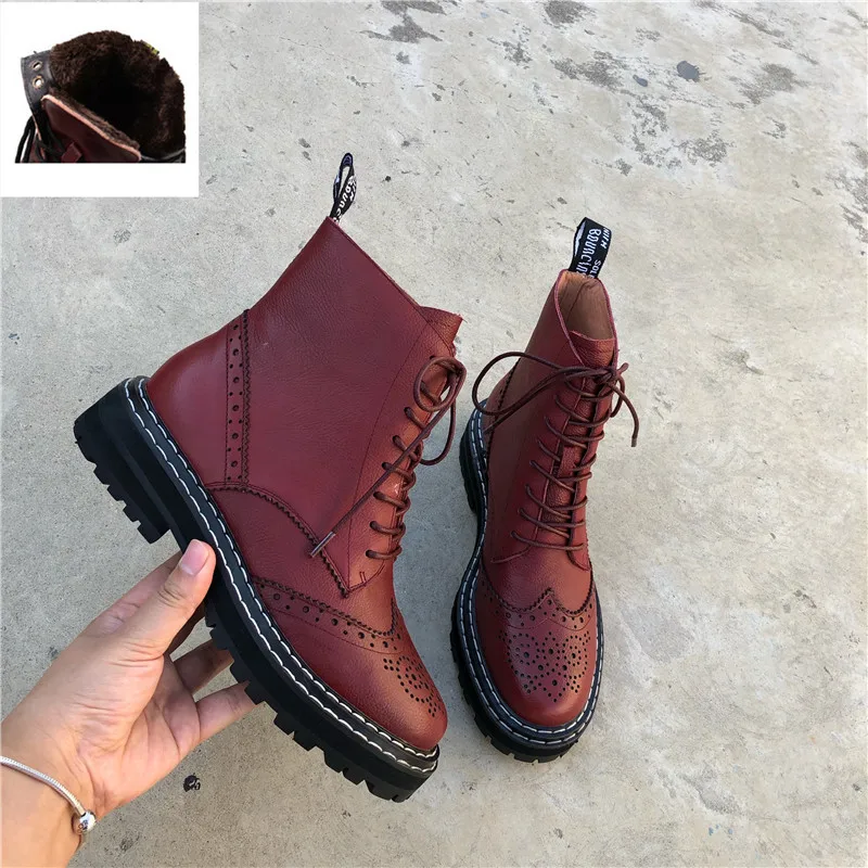 red Plush lining Buonoscarpe/Новинка года; Лидер продаж; сезон осень-зима; ботинки в байкерском стиле из натуральной кожи; ботильоны на не сужающемся книзу массивном каблуке; женские Ботинки martin - Цвет: red Plush lining