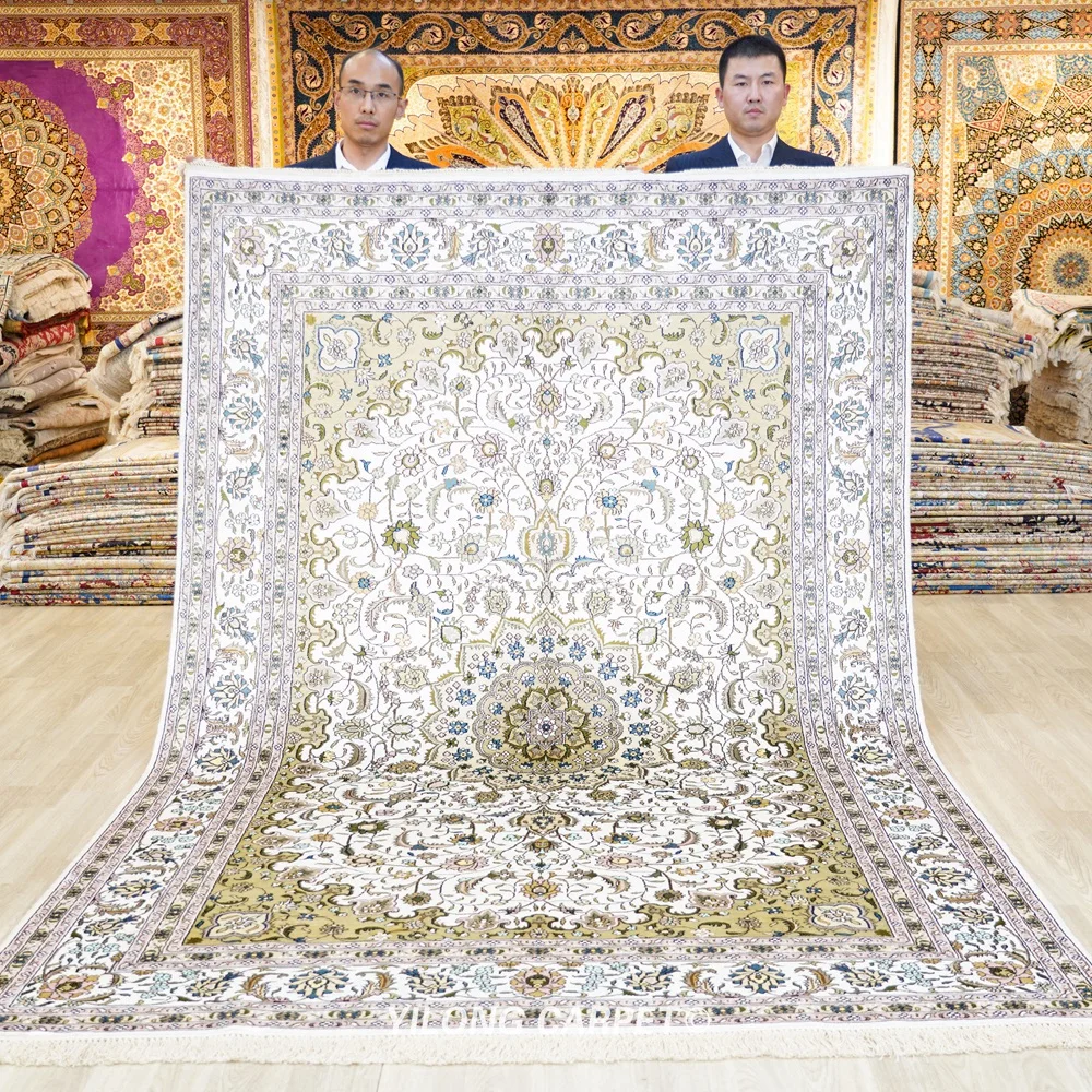 

6'x9' Antique Persian Silk Carpet Beige Handmade Oriental Silk Rug (ZW036M)