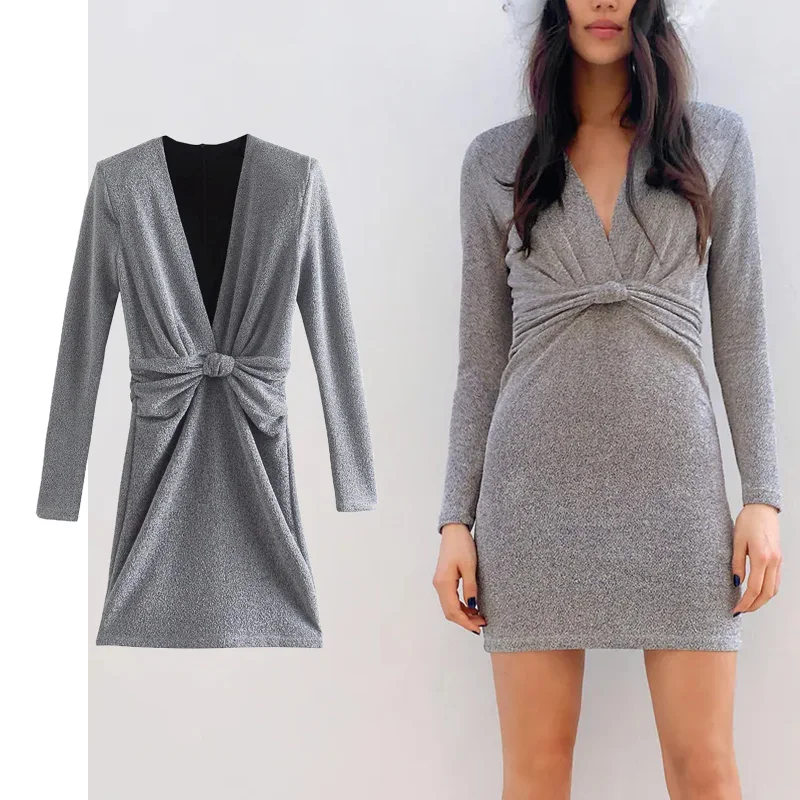 

ZA 2022 Women Mini Cross Bow Dress Spring Summer Deep V-neck Solid Long Sleeve Elegant Party Dress Female Vintage Fashion Outfit