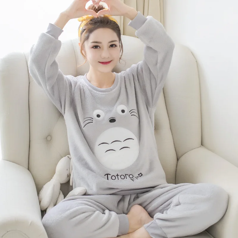 2PCS Autumn Winter Stripe Flannet Coral Velvet Women Night Sleepwear Soft Pajamas Homewear Set