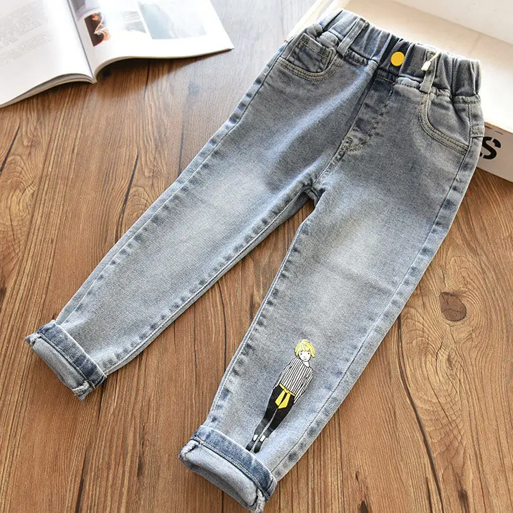 Детские джинсы с принтом для девочек повседневные свободные брюки из денима