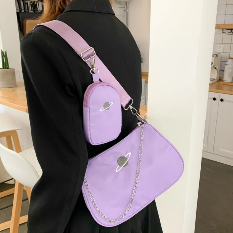 

Casual Nylon Women Underarm Handbags Planet Embroidery Ladies Crossbody Shoulder Bags Girls Chain Clutch Purse Composite Bag
