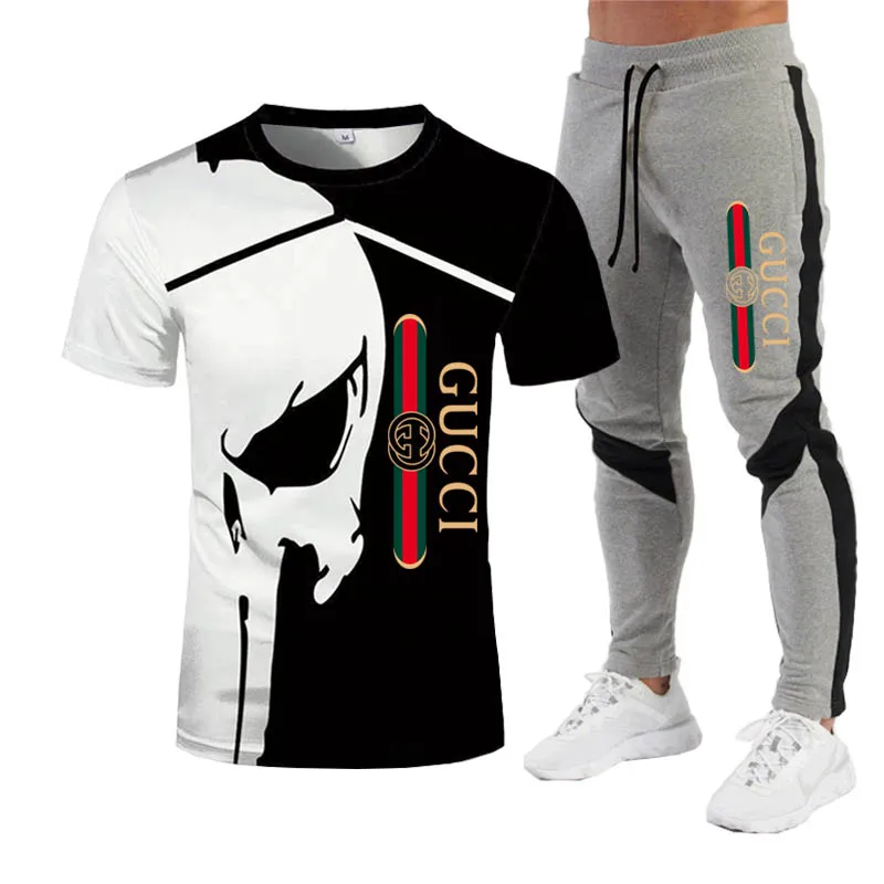 

2021New Men's Summer Leisure Sets T-Shirt+Pants Two Pieces Casual Tracksuit Male Sportswear Gym Brand Clothing Sweat Suit