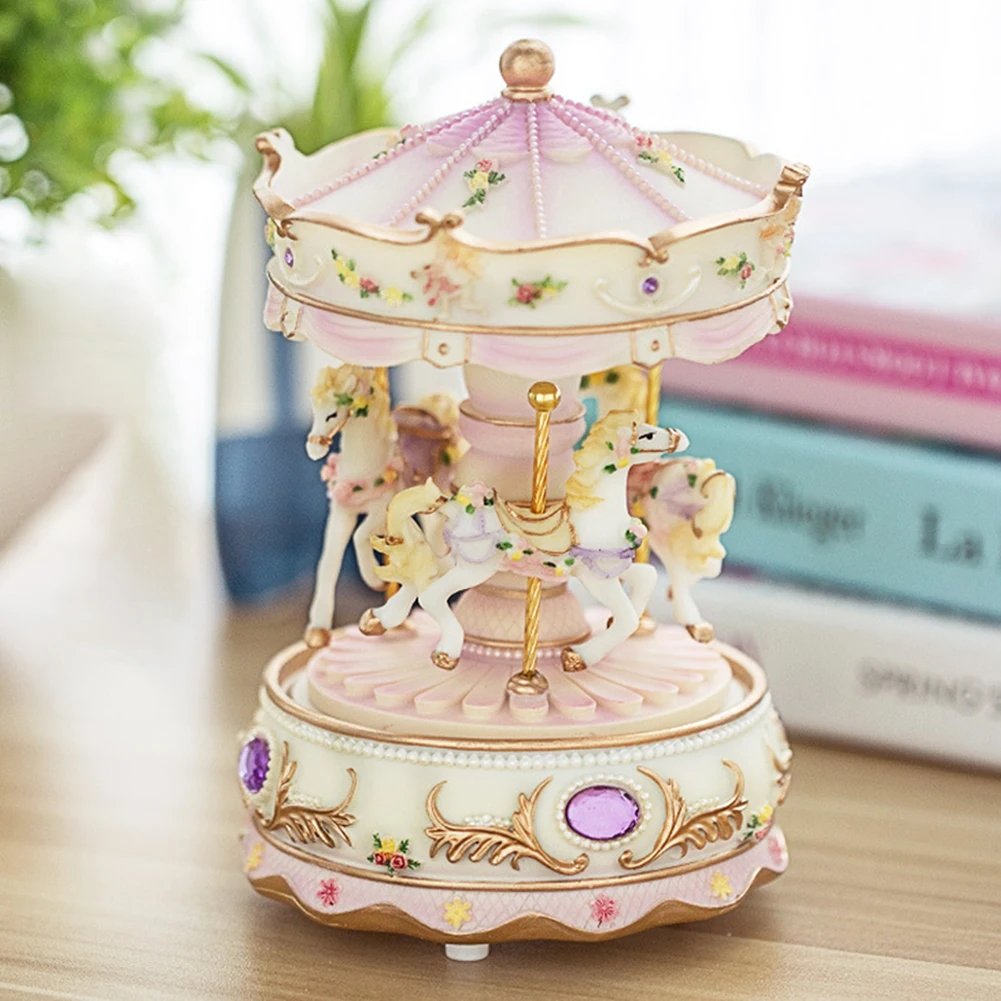 

Valentine's Day LED Light Craft Birthday Decor Music Box Luxury Carousel Toys Color Changing Kid Handwork Clockwork Mechanism
