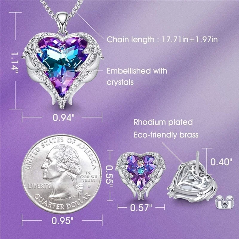 Набор из ожерелья и серег с кристаллами в форме крыльев Ангела Любовное сердце