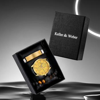 Black Leather Men's Quartz Watch Exquisite Valentine's Day Anniversary Gifts Set for Husband Watch Bracelets Gift Kit with Box-37283