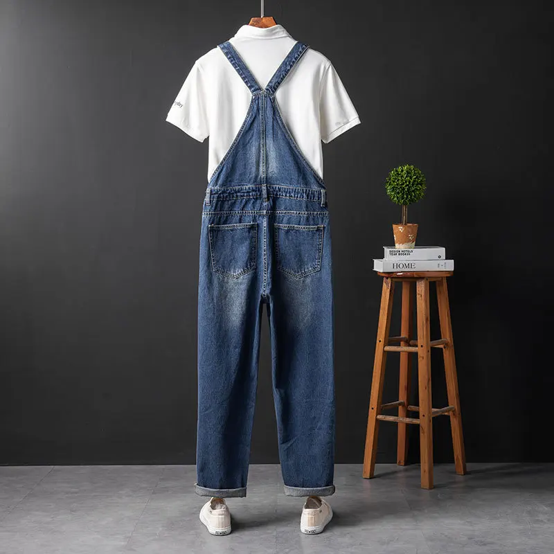 Men Denim Hole Bib Overalls Loose  Fashion Hip Hop Streetwear Jumpsuit Blue Tattered Jeans Homme Pants Freight Trousers