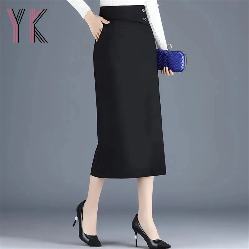 

Black High Waist Office Lady Slit Rhinestone Midi Straight Skirts Korean Fashion Mom Elegant Vintage Skirts Slim Pockets Saia
