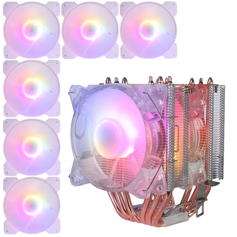 

6 Copper Tube CPU Radiator Chassis Fan Synchronous Lighting 1150AMD1366 2011 Crystal Light Dual Fan + Chassis Fan