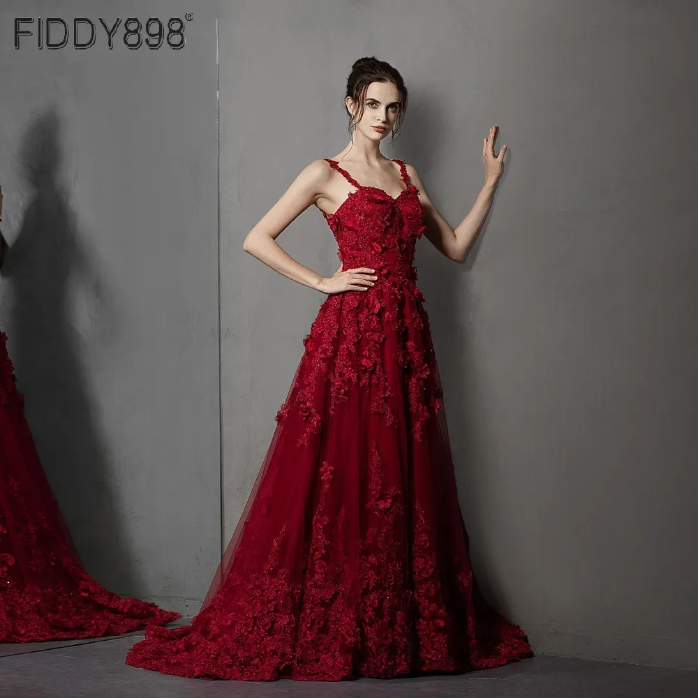 Бордовое вечернее платье 2020 на бретельках а-силуэт с 3D цветочной аппликацией