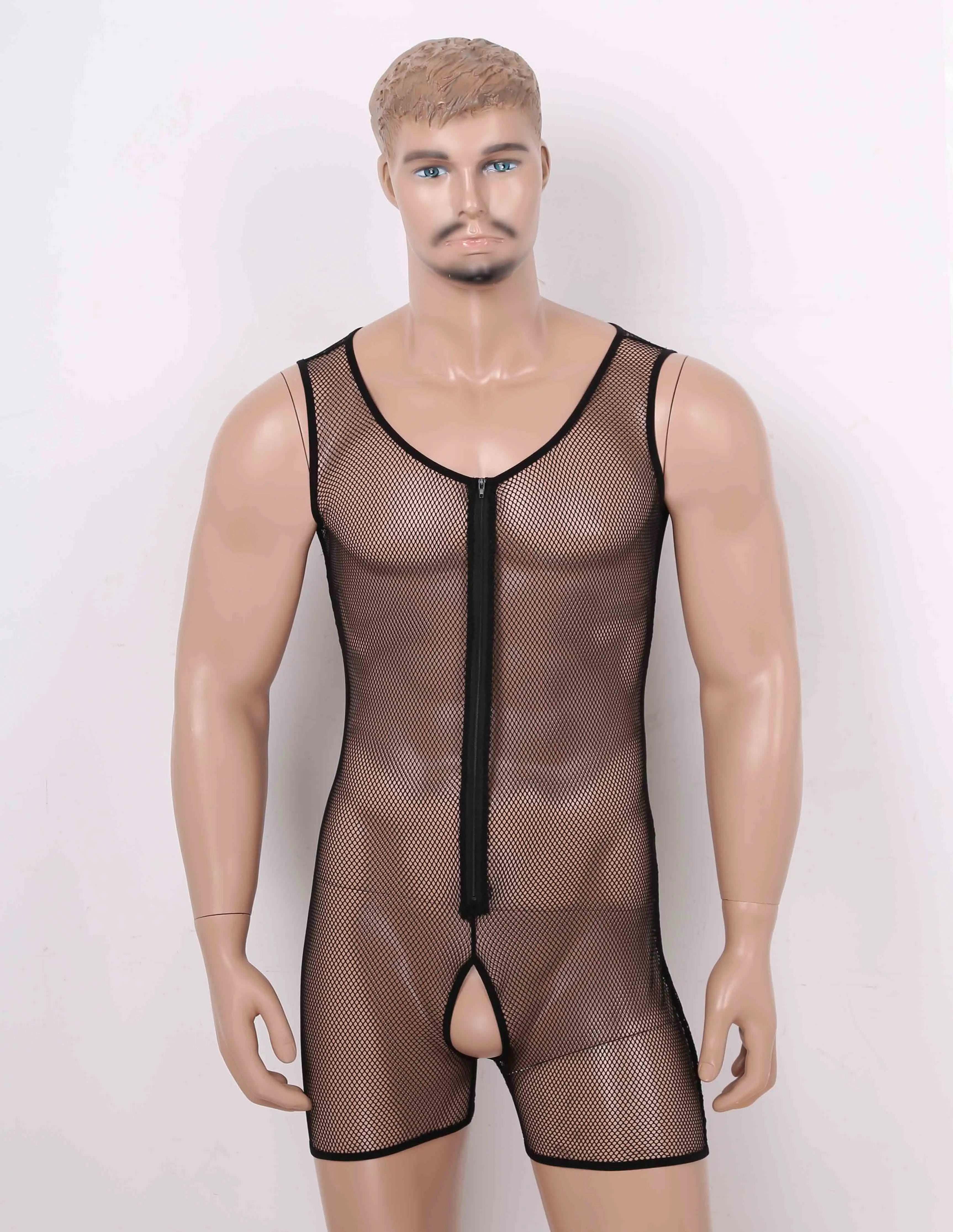 Трико мужское цельнокроеное прозрачное с U образным вырезом и молнией