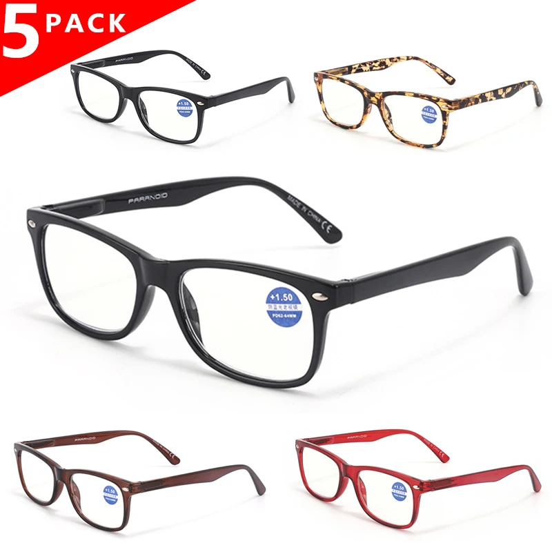 

5 PACK Anti Blue Reading Glasses Women Men Classic Design Fashion Square Eyeglasses High Quality Spring Hinge Goggles