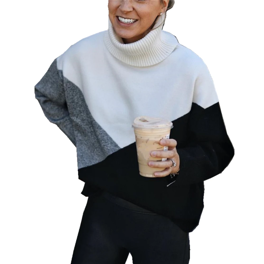 

Patchwork Women Pullover Sweater Autumn Winter Loose Turtleneck Long Sleeve Knitted Fashion Female Jumper Top водолазка женская