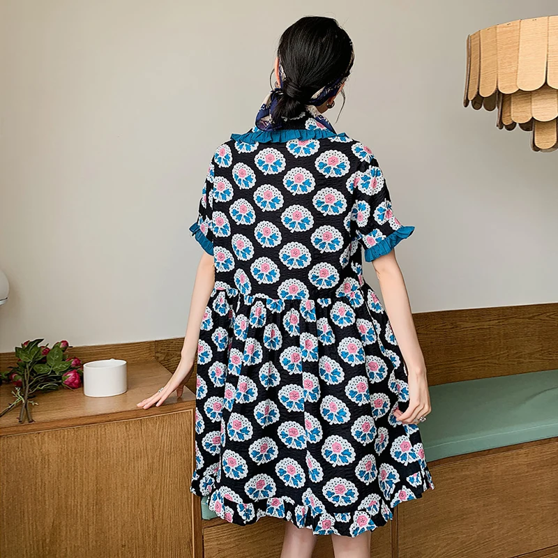 

XIZIHUPAN Vintage Print Dress For Women Notched Puff Short Sleeve High Waist Patchwork Midi Dresses Female Summer Fashion 2021
