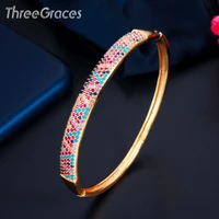 threegraces classic round shape micro pave rainbow cubic zirconia open cuff bangle bracelet for women prom costume jewelry ba046