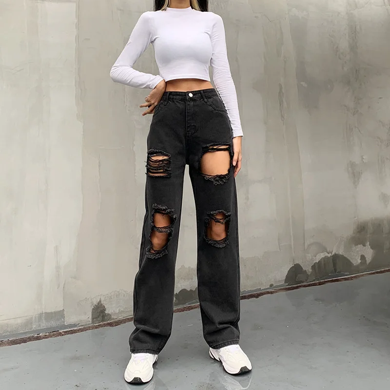

Street Fashion Trend Solid Color High Waist Button Personality Hole Loose Straight Pants Women 2021 Model Year