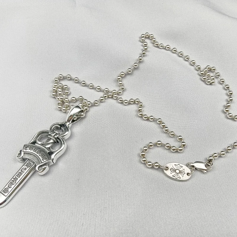 

New Fashion Cross Pendant Hip Hop Silvery Holy Sword Necklace Punk Bead Chain Personalized Couple Jewelry Party Gift