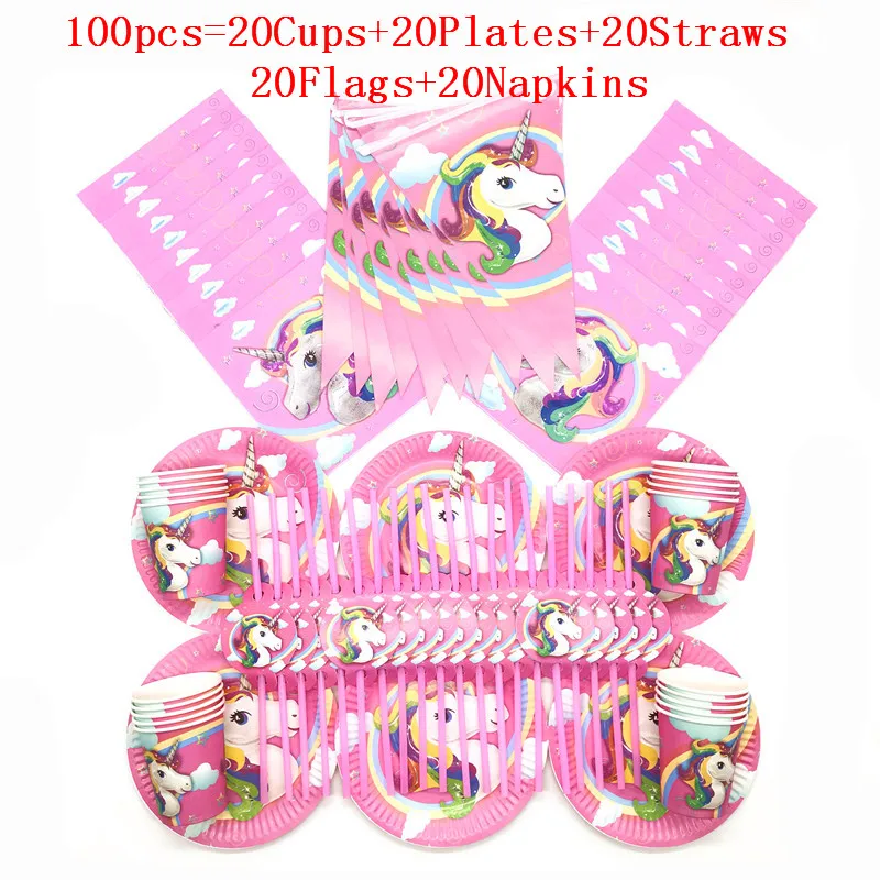 

100/90/60pcs Unicorn Party Supplies Pink Rainbow Unicorn Banner Plates Starws Napkins Cups Baby Shower Kids Birthday Decorations