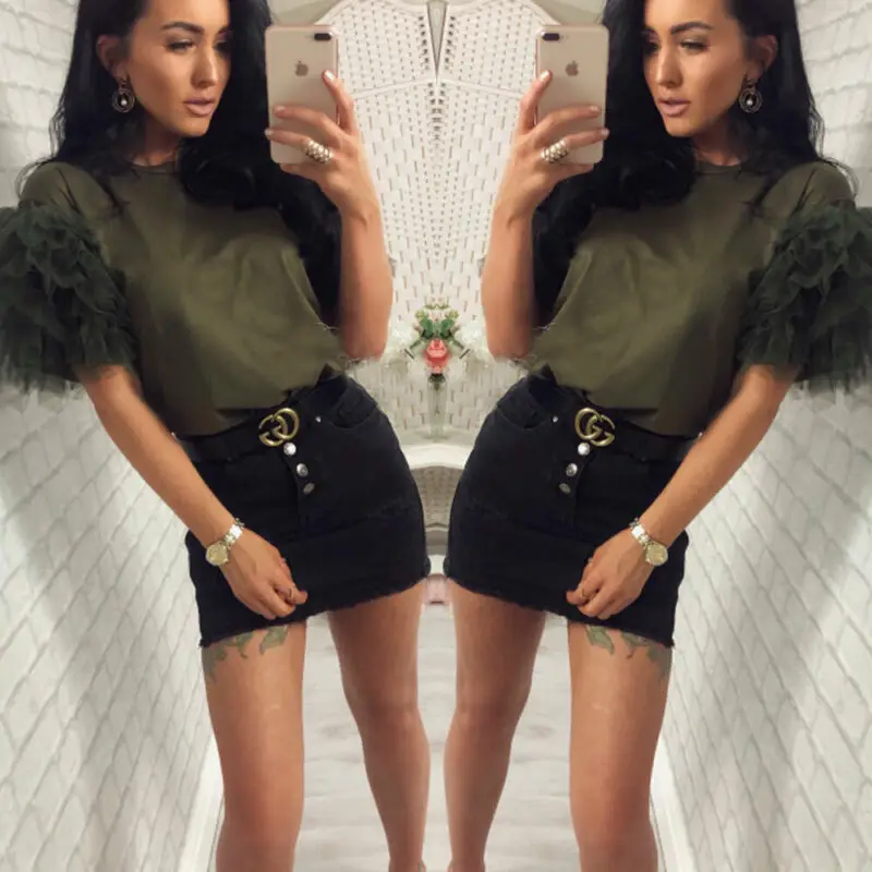 Женская футболка с коротким рукавом круглым вырезом и оборками | одежда