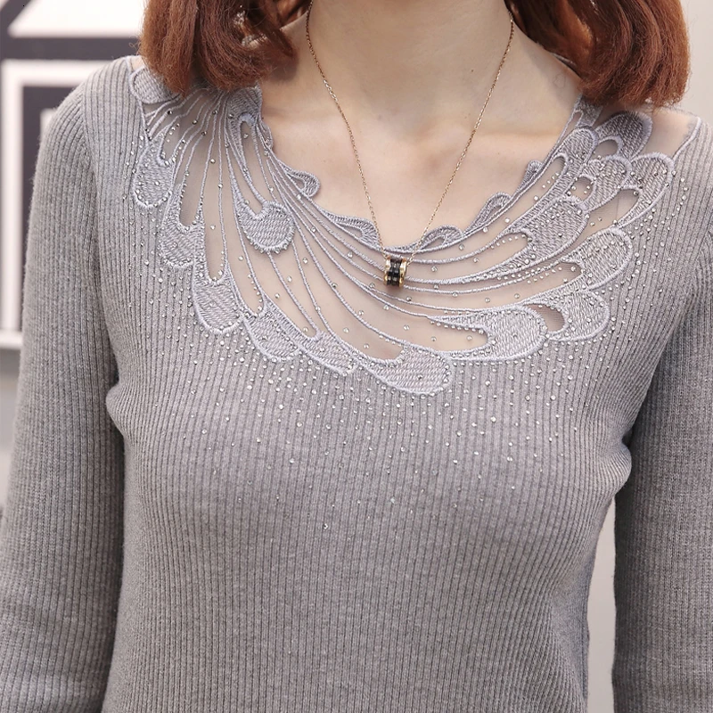 

Lace Sweater Women Fashion 2019 Autumn Winter Hollow Out Tops Casual Elasticity Knitted Pullovers Long Sleeve Jumper Pull Femme