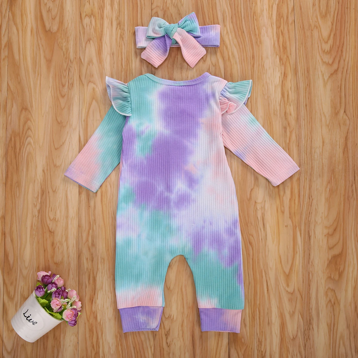 

0-18M Autumn Newborn Infant Baby Girls Long Sleeve Tie-Dye Printed Ruffles Rompers Hooded Sleeveless Jumpsuits