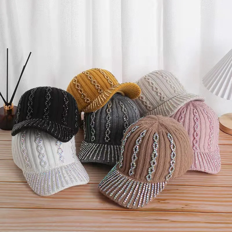 

2021 New High quality Fall and Winter Baseball Cap Thickened Knit Rhinestone Hat Casual Fashion Caps for Women