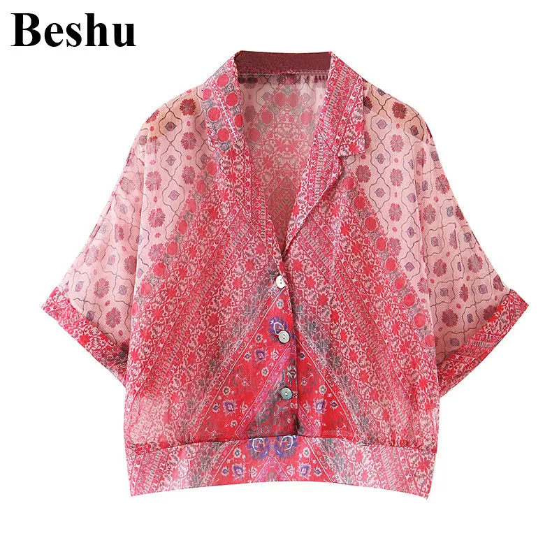 

za 2020 fashion short blusas women pink chiffon V-neck single-breasted ethnic style female half sleeve see through blusas mujer