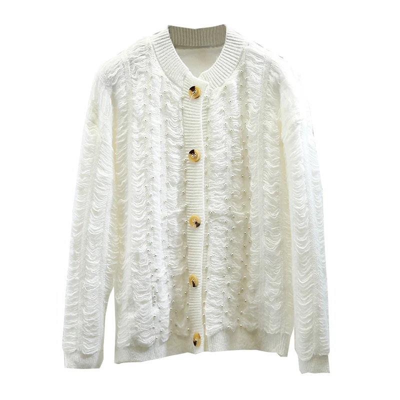 

Mohair White Knitted Sweater for Woman Beaded Single-Breasted Knitted Sweater Cardigan Jacket 2020 Autumn Female Clothing