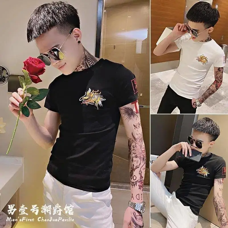 

20201 summer spirit guy short-sleeved men's tight-fitting trend handsome men's shirt social people leading printing T-shirt